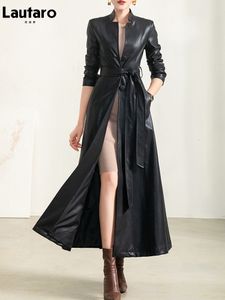 여자 가죽 가짜 lautaro 스프링 가을 가을 긴 검은 소프트 방수 코트 여성 벨트 슬리브 싱글 가슴 고급 패션 221116