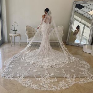 Gorgeous Cathedral Wedding Veils Lace Appliqued Waved Cut Edge Soft Tulle Hair Accessories Long Floral Bridal Veil With Comb