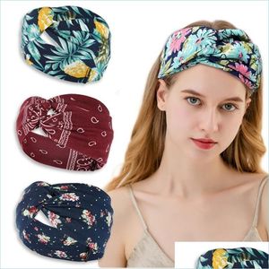 Pannband breda pannband Skriv ut blommor Cross Tie Sport Yoga Stretch Wrap Hairband Hoops For Women Fashion Drop Delivery Jewely Hairj Dhng9