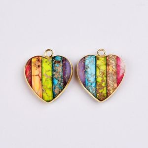 Colares pendentes Borosa Design 10pcs Gold Heart Multi-Minind Sea Sedimento Jasper Charme para brincos femininos e DIY WX2009