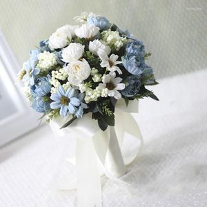 Flores decorativas Pretty 25cm Daisy Handmade Bouquet Wedding Wedding Bridal Satin Diamond Pearl Mished Holding Holding