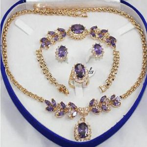 Fashion jewelry Inlay Purple Crystal Necklace Bracelet Ring Earring set AAA -Bride jewel