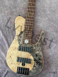 Strumpa anpassad elektrisk gitarr 5 strängar BASS BURL Flame Top Ash Wood Body Maple Neck Circle Inlay Black Parts Natural Satin