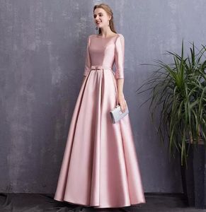 Pearls Pink Satin Satin Long Vestidos de noche con bolsillos Vestidos de fiesta formales sin respaldo Longitud de piso de la noche 5742016
