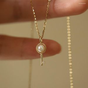 Pendant Necklaces S925 Sterling Silver Key Pearl Necklace 14K Gold Plated Women Temperament Fashion Clavicle Chain Jewelry