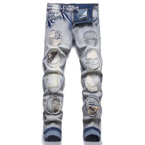 Хип-хоп штаны Джинсы Мужская вышивка прямая нога голубая мужская джинсы Слим Fit Moto Biker Casal Denim Pant 29-38
