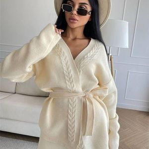 Womens Two Piece Pants TYHRU Women Knitting 2pieces Sweater Suits Hemp Flower Cardigan With BeltKnitted Wide Leg Lady Winter Sweaters Sets 221115