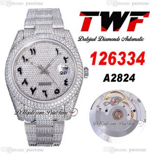 TWF V3 Full Diamonds A2824 Автоматические мужские часы Черный арабский сценарий мощено с бриллиантовым циферблатом и полностью замороженные 904L Стальные браслетные часы Puretime E410A1