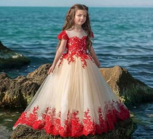Red Nude Mixed Color Princess Girls Pageant Dresses Sheer Neck Cap Sleeves Appliques Tulle Floor Length Ball Gown Flower Girls Dre5896577