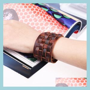 Bangle Wide Leather fyrkantig stickad Bangle Manschettknapp Justerbar armband Handband för män Kvinnor Fashion Jewelry Drop Delivery Armband DHSIS