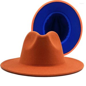 Berets Einfache äußere ORANGE innere blaue Wollfilz Jazz Fedora Hüte mit dünner Gürtelschnalle Männer Frauen breite Krempe Panama Trilby Cap 56-58-60 cm