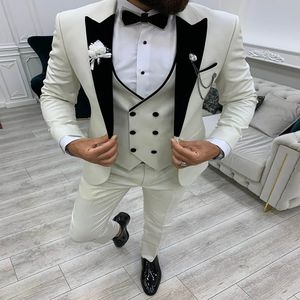 Three Pieces White Wedding Tuxedos 2022 Black Shawl Lapel Waistcoat Satin Slim Men Formal Party Suits Handsome Elegant Groom Suits Coat Pant Vest