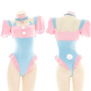 Cosplay Wigs Lolita Blue Pink Puff Sleeve Bodysuit Cute Cat Ears Ruffle Swimwear Japanese School Girl Cosplay Sukumizu Maid Uniform Drop Ship T221115