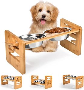 Dog Bowls Feeders Bamboo Elevated with Stand Adjustable Raised Puppy Cat Food Water Holder Rabbit Feeder for Small Medium Pet 221114