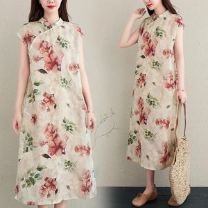 Abbigliamento etnico Abito cinese cheongsam Retro lungo Qipao Stile orientale Ramie allentato Design stampa floreale Colletto rialzato