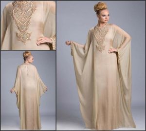 Champagne Dubai Kaftan Long Chiffon Evening Dresses P￤rled Crystals Arabic Fancy Farasha Abaya Prom Mother Dresses Islamic Party D9516437