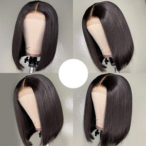 Synthetische Perücken, Spitze vor kurzem, glattem Haar, Hochtemperatur-Filament, 30–45 cm lange Perücke, weiblich, schwarzer Bobo-Wellenkopf