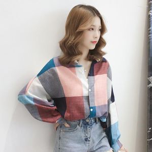 Women's Polos #1126 Summer Plaid Loose Shirts Women Long Sleeve Batwing Casual Shirt Female Single Breasred Korean Tops Lady Blousers Thin