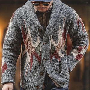 メンズセーターメン冬のカーディガン長袖リブ付きカフ濃厚セータージャクアードパターンボタンプラケット編みコートストリートウェア