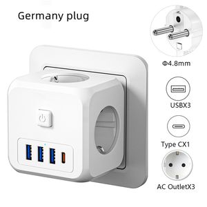 European or Germany style 3 socket with USB charger 3 USB 1 Type c output plug travel adapter