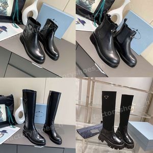 Botas de joelho feminino designer nylon bota brilhante booties de couro brilhante Monolith bootie bootie clássica Triângulo Triângulo Knight Boot