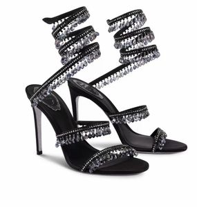 Women Sandals Designer Rhinestone Dress Shoes High Heeled Crystal Light Pendant Twining Foot Ring Womens Flash Silver Real Leather Sole