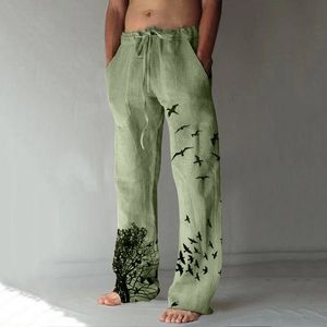 Calça masculina verão linho de algodão vintage de grandes dimensões calças de jogger de hip hop impressão masculina mais tamanho largo de perna larga 221116