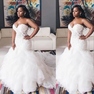 Vintage Sexy African Mermaid Wedding Dresses Sweetheart Illusion Lace Appliques Crystal Beaded Ruffles Tiered Organza Formal Bridal Gowns