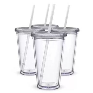 16oz Plastic Tumblers Double Wall Acrylic Clear Drinking Juice Cup With Lid And Straw Coffee Mug DIY Transparent Mugs RRA584
