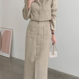 Two Piece Dress QOERLIN Elegant Tweed TwoPiece Skirts and Blazer Suits Stylilsh Long Sleeve Short Jacket Coat High Waist Back Zipper Midi Skirt 221115