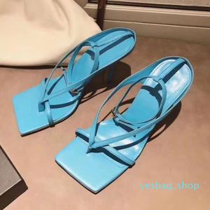 Sandalläderskor Sky Blue V Rem Stretch Designer Heels Stable Sole Squared Sole Origin Package Chic 05