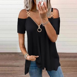 Women's T Shirts 2022 Women's Summer Fashion Chain Cold Shoulder Plain Black Short Sleeve Blouse Zip Front Top Casual T-shirt