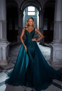 Hunter Green Mermaid Prom Dresses V Neck Lace Appliques Sequins Party Dresses with Detachable Train Custom Made Evening Dress