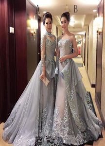 Vintage Grey Evening Dresses 2019 Elie Saab High Neck Long Sleeves Lace Appliques Court Train Muslim Formella kl￤nningar R￶d matta kl￤nning8766814