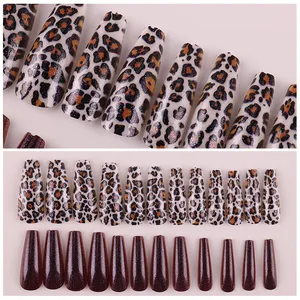 Wholesale 24 Tips False Nails for Women Girls European USA Fashion Leopard Print Long Fake Nail Manicure Tools Set