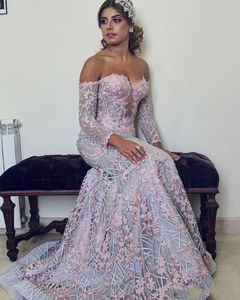 2023 Sexy Arabic Evening Dresses Wear Off Shoulder Keyhole Gray Silver Lace Pink 3D Floral Flowers Crystal Beads Mermaid Long Sleeves Custom Plus Size Prom Gowns