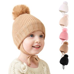 Baby stickad pompom hatt tjock varm tjej pojke cap beanie öronskydd barn hattar småbarn spädbarns motorhuven m4234