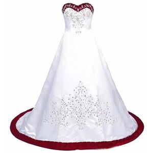 Vintage White And Red Embroidery Wedding Dress A-Line Satin Country Bridal Gowns Sleeveless Sweetheart Long Bride Reception Vestidos