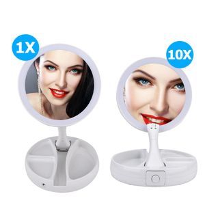 Dwustronna LED 10x powiększenie lustra makijażu Duże oświetlone oświetlone składane próżność lustro Travel Desktop Light