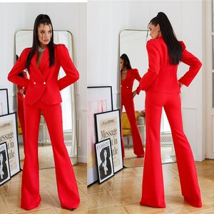 Red Mother of the Bride Suits Women Ladies Formal Evening Party Work Slim Blazer Flared Trousers 2 Pieces