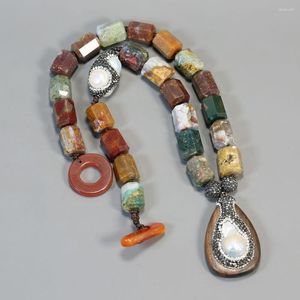 Collane con ciondolo GuaiGuai Gioielli Ocean Jaspers Erba Agate Tubo sfaccettato Rettangolo Nugget Collana Perla barocca Legno Per signora