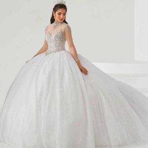 Brilliant Bead Collar Ball Gown Wedding Dresses Mesh Long Sleeve Princess Bridal Gown Glitter Puffy Skirt Vestido de novia