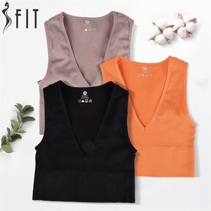 Completi da yoga SFIT Top da donna sexy Crop femminile senza cuciture Canotta sportiva da ragazza Canotta estiva Deep V No biancheria intima imbottita 221116