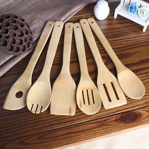 Cookware Parts 6pcs Wooden Bamboo Spoon Fork With Holder Spatula Cooking Mixing Stirring Salad Tools Utensils Set 221114