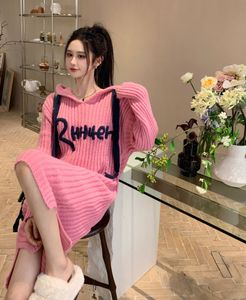 Women's hooded loose palazzo casual dresses knitted letter embroidery sweatshirt dress SMLXLXXL