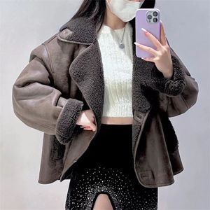 Womens Leather Faux Pb Za Winter Jacket Kvinnor Suede Lamb Fur Coat Brown Casual Vintage Clothece Turnown Collar Oversize Outwear 3548242 221115