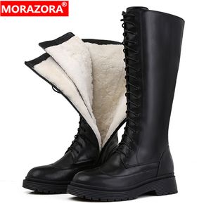 Stiefel Morazora 2023 echte Lederstiefel Frauen Schuhe Schnürung warmer Winter Natur Schaf Wolle Mid Cal Damen Botas 221116