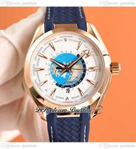 Aqua terra 150m wordtimer a8500 relógio automático masculino gmt rosa ouro branco dial vara marcadores pulseira de borracha azul puretime e455c3