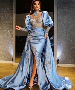 Elegant high-Neck Trumpet Evening Gowns 2023 Funyue Prom Party Dresses Full Sleeves Satin Formal Dress Lace Beads Robes De Soiree wly935