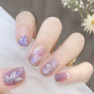 Unghie Finte 24 Pz Viola Corto Rotondo Con Aurora Flower Design Stampa Coreana Staccabile Su Finte Punte Per Manicure Acriliche